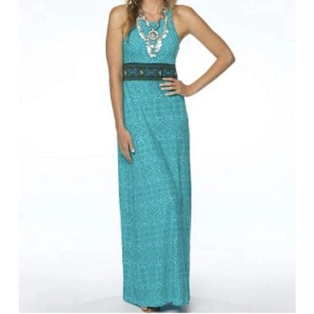 Turquoise Halter Maxi Dress with Embellished Waist